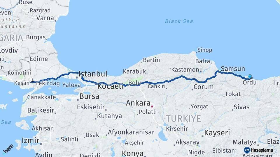Ordu Keşan Edirne Arası Kaç Km - Yol Haritası