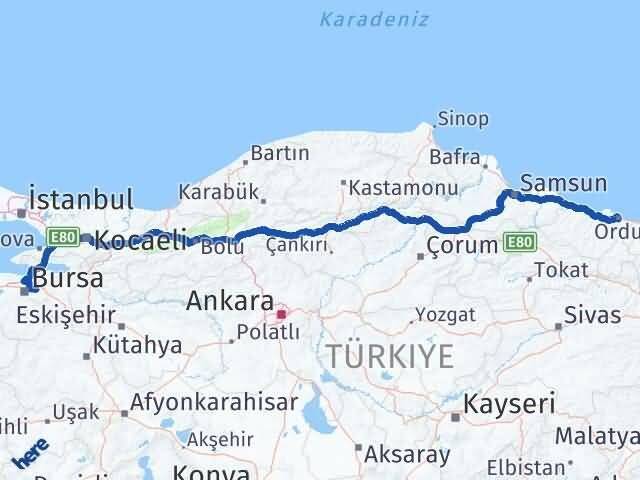 Ordu Kestel Bursa Arası Kaç Km - Yol Haritası