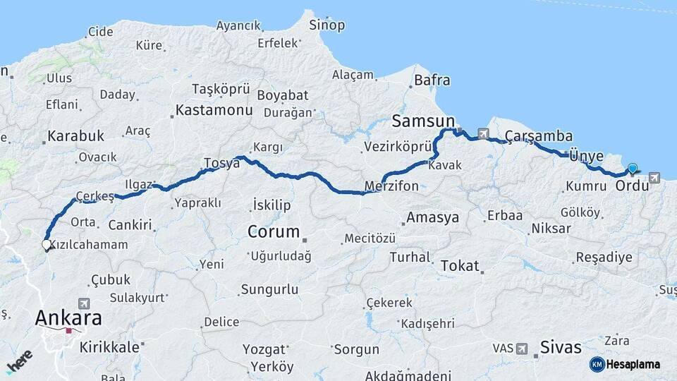Ordu Kızılcahamam Ankara Arası Kaç Km - Yol Haritası
