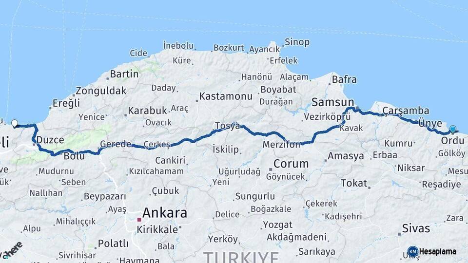 Ordu Kocaali Sakarya Arası Kaç Km - Yol Haritası