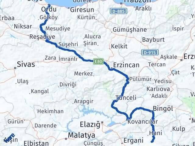 Ordu Kocaköy Diyarbakır Arası Kaç Km - Yol Haritası