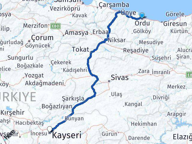 Ordu Kocasinan Kayseri Arası Kaç Km - Yol Haritası