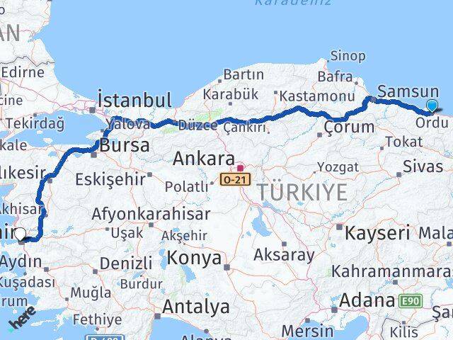 Ordu Konak İzmir Arası Kaç Km - Yol Haritası
