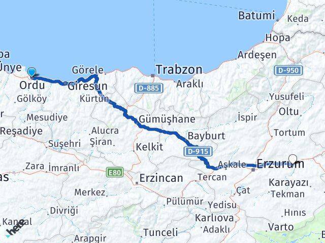 Ordu Köprüköy Erzurum Arası Kaç Km - Yol Haritası