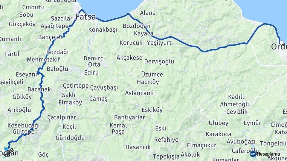 Ordu Korgan Altınordu Arası Kaç Km - Yol Haritası