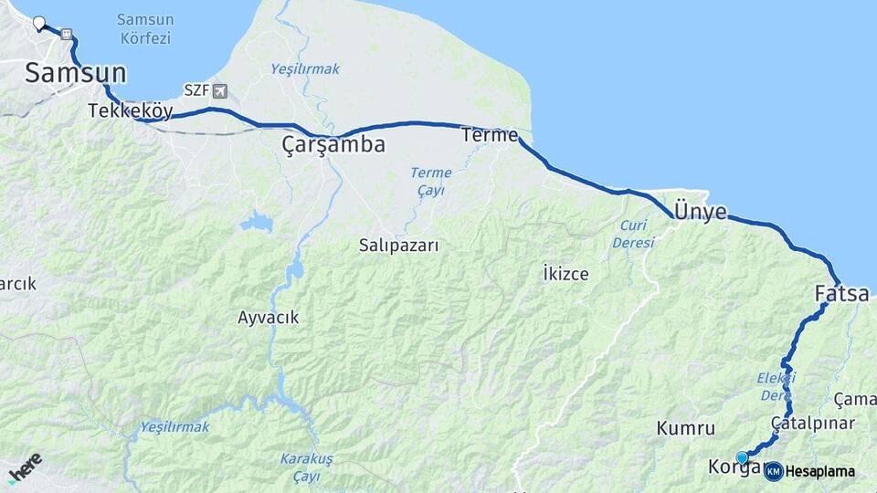 Ordu Korgan Atakum Samsun Arası Kaç Km - Yol Haritası
