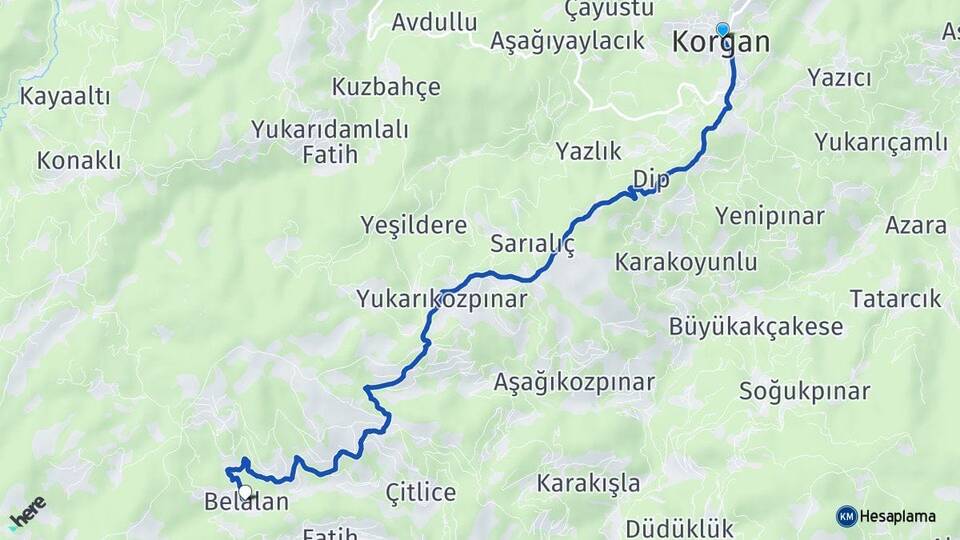Ordu Korgan Belalan Korgan Arası Kaç Km - Yol Haritası