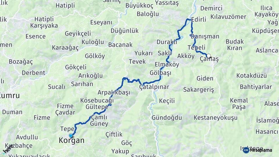 Ordu Korgan Çamaş Arası Kaç Km - Yol Haritası