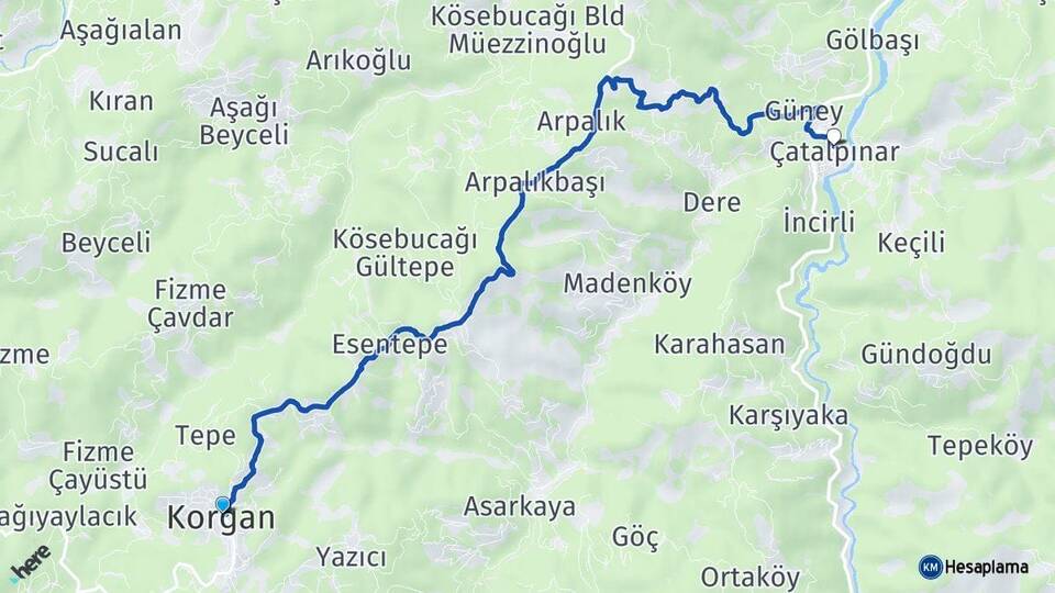 Ordu Korgan Çatalpınar Arası Kaç Km - Yol Haritası