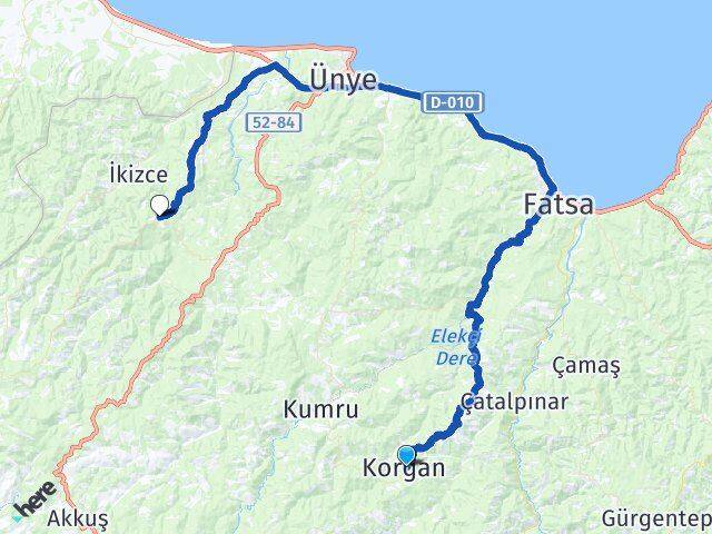 Ordu Korgan Çaybaşı Arası Kaç Km - Yol Haritası