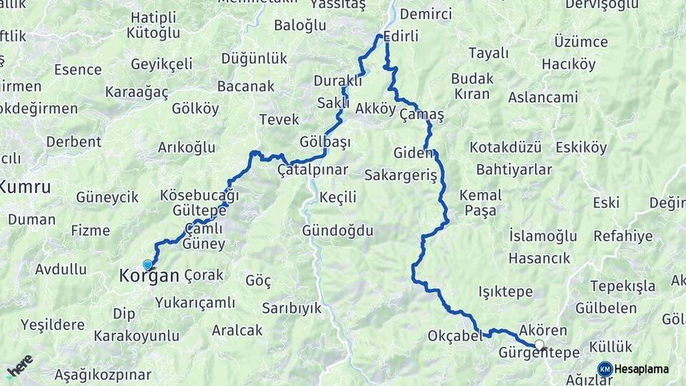 Ordu Korgan Gürgentepe Arası Kaç Km - Yol Haritası