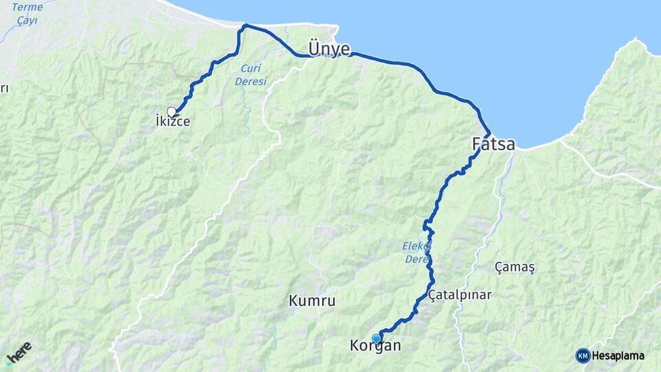 Ordu Korgan İkizce Arası Kaç Km - Yol Haritası