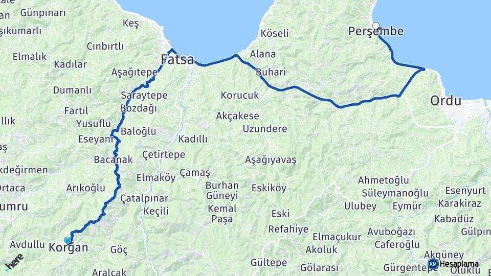 Ordu Korgan Perşembe Arası Kaç Km - Yol Haritası