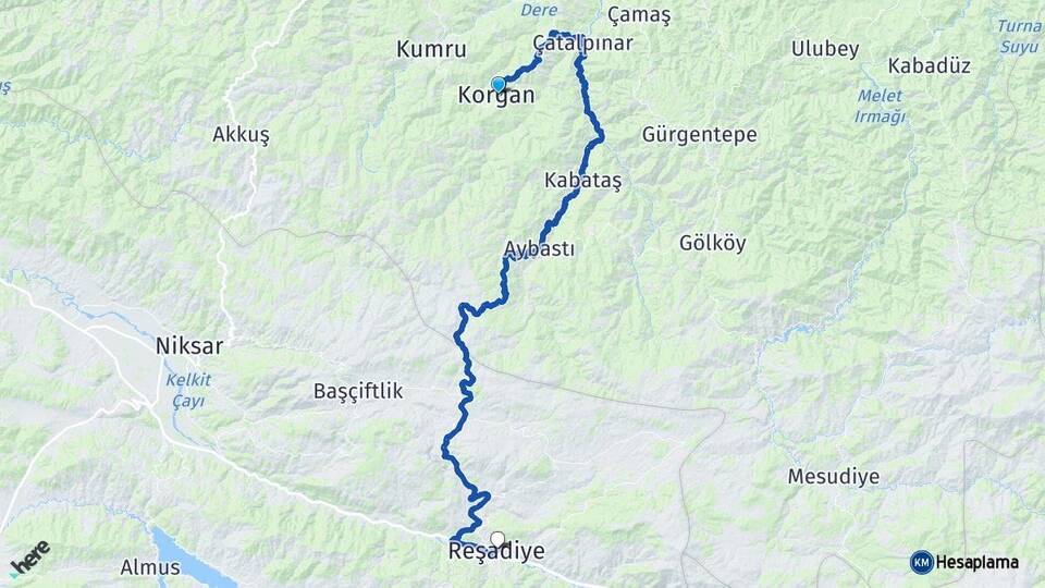 Ordu Korgan Reşadiye Tokat Arası Kaç Km - Yol Haritası