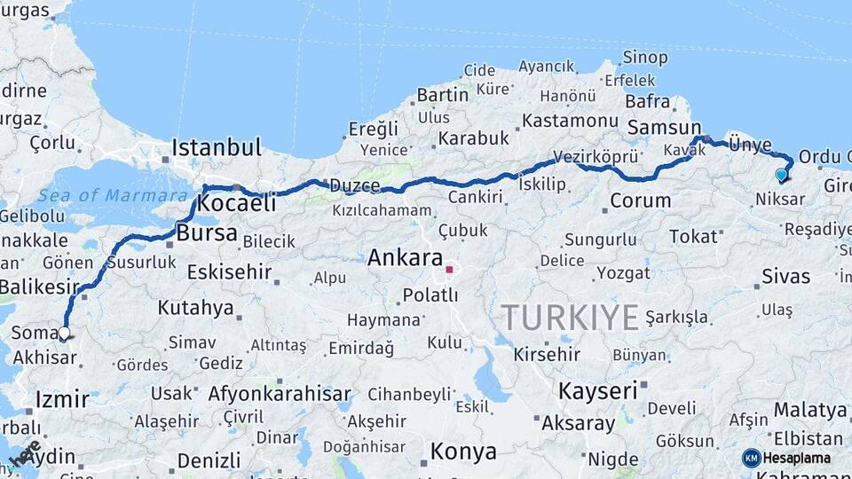 Ordu Korgan Soma Manisa Arası Kaç Km - Yol Haritası