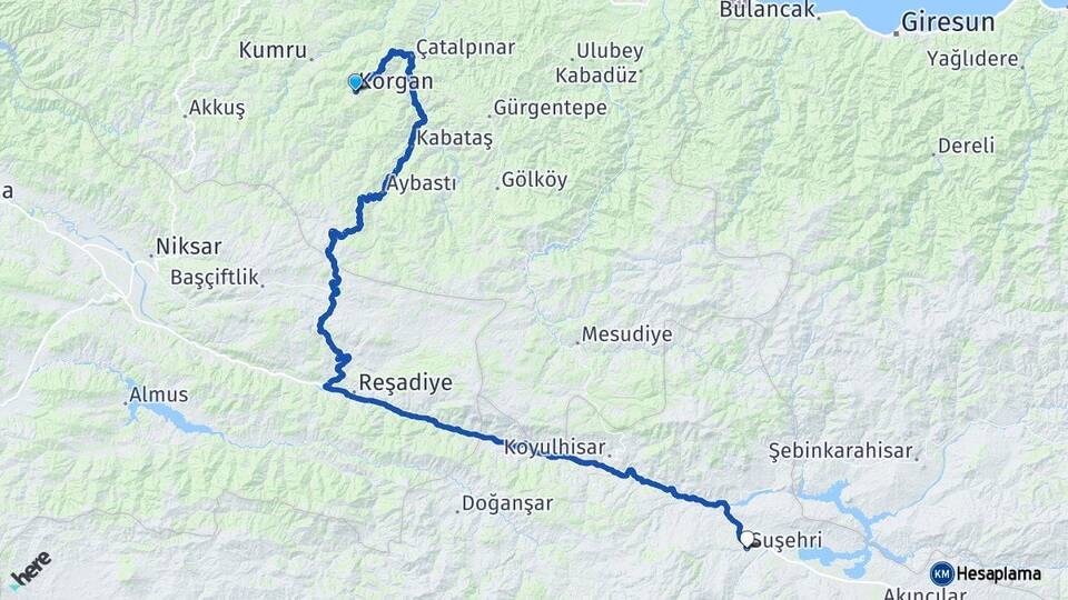 Ordu Korgan Suşehri Sivas Arası Kaç Km - Yol Haritası
