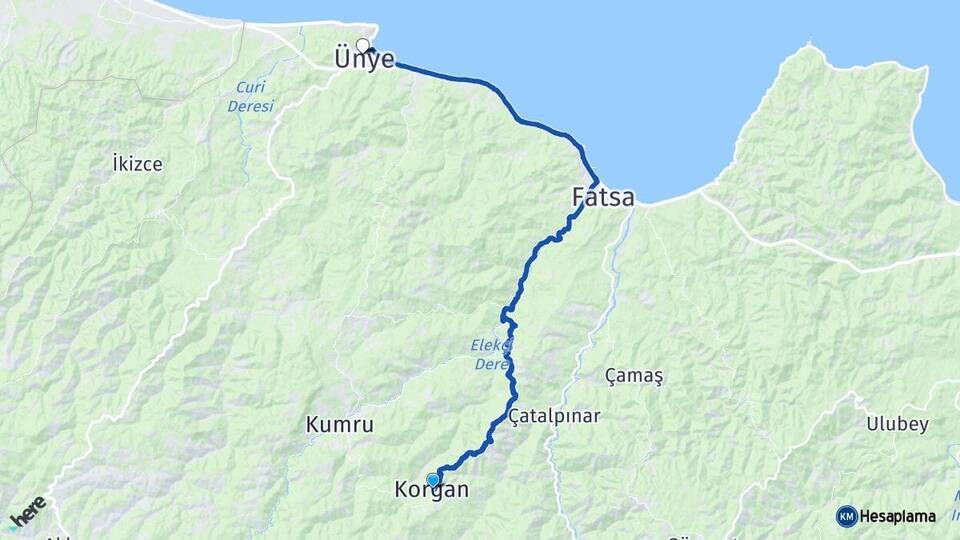 Ordu Korgan Ünye Arası Kaç Km - Yol Haritası