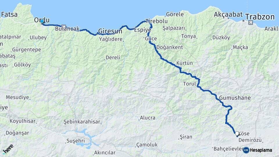 Ordu Köse Gümüşhane Arası Kaç Km - Yol Haritası