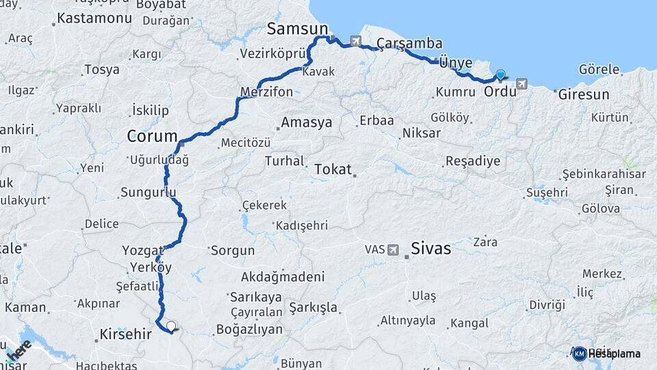 Ordu Kozaklı Nevşehir Arası Kaç Km - Yol Haritası