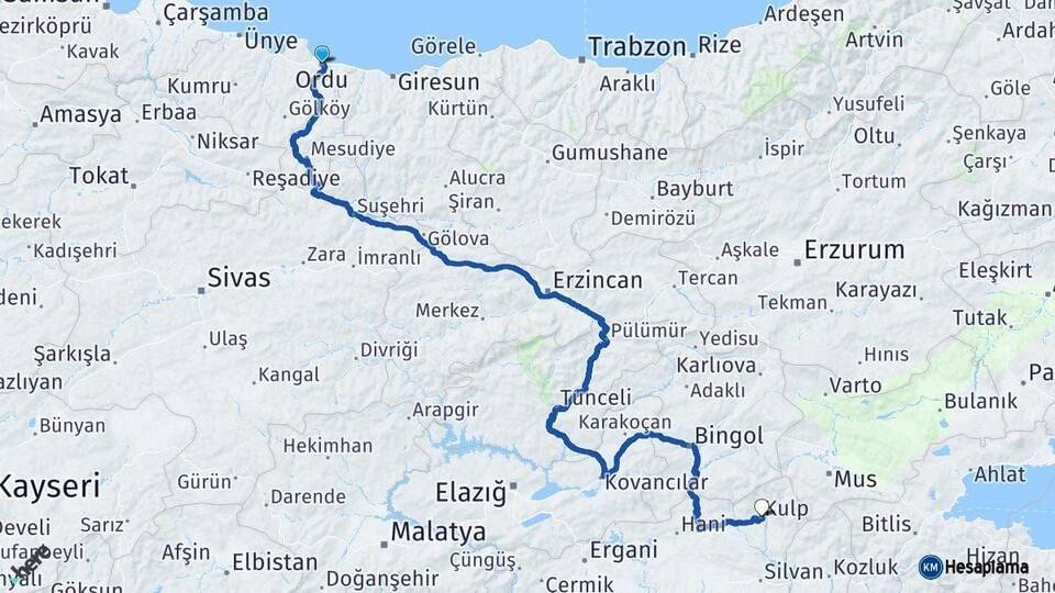 Ordu Kulp Diyarbakır Arası Kaç Km - Yol Haritası