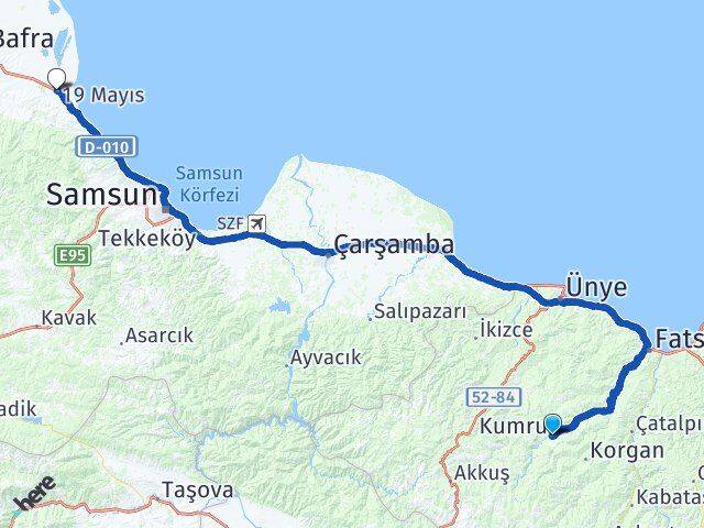 Ordu Kumru 19 Mayıs Samsun Arası Kaç Km - Yol Haritası