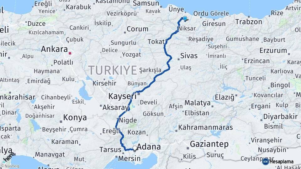 Ordu Kumru Adana Arası Kaç Km - Yol Haritası