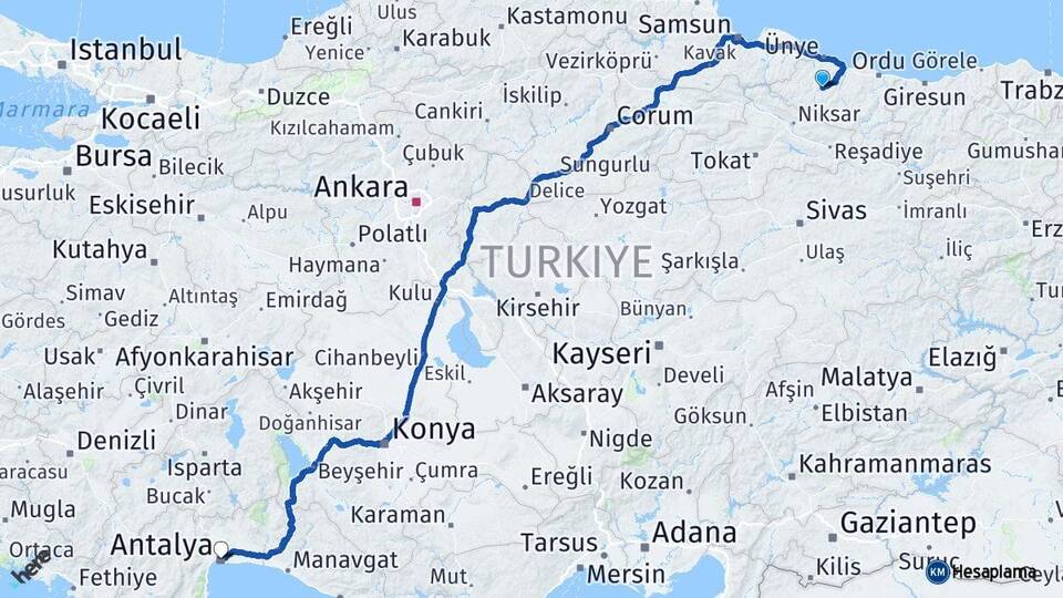 Ordu Kumru Antalya Arası Kaç Km - Yol Haritası