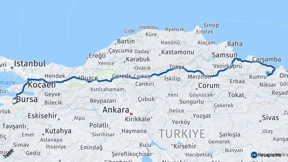 Ordu Kumru Bursa Arası Kaç Km - Yol Haritası