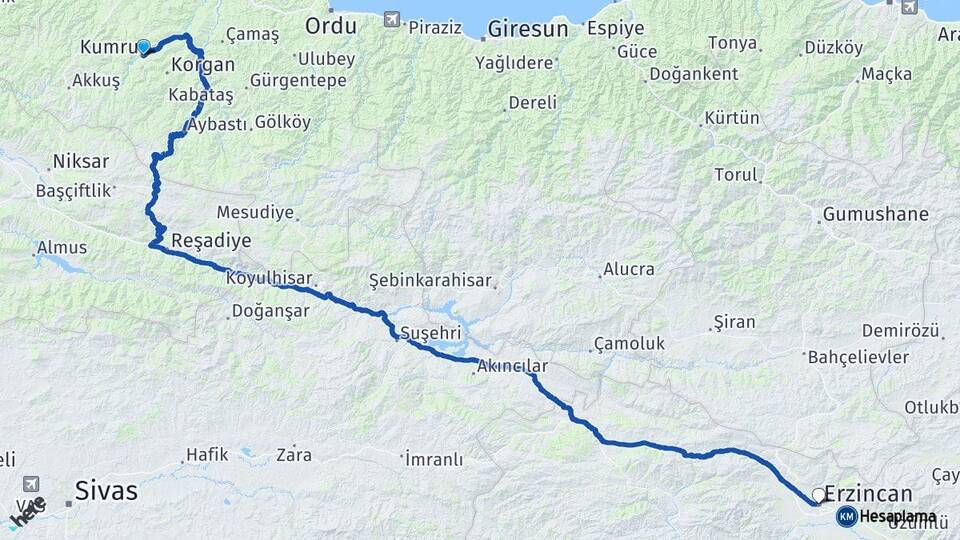 Ordu Kumru Erzincan Arası Kaç Km - Yol Haritası