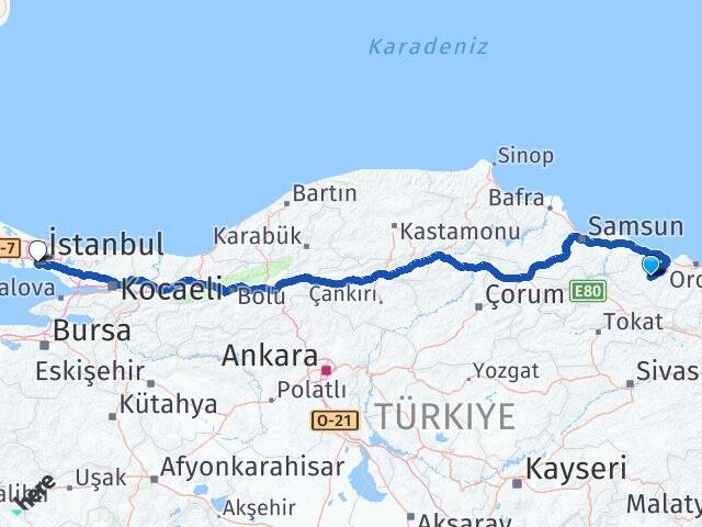 Ordu Kumru Fatih İstanbul Arası Kaç Km - Yol Haritası