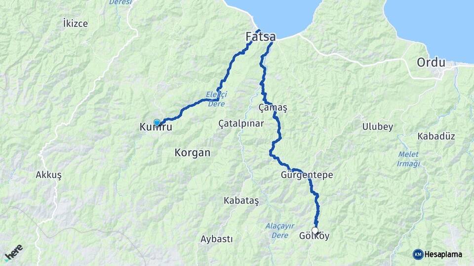 Ordu Kumru Gölköy Arası Kaç Km - Yol Haritası