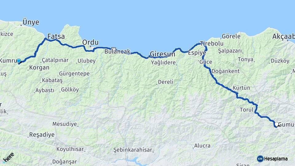Ordu Kumru Gümüşhane Arası Kaç Km - Yol Haritası