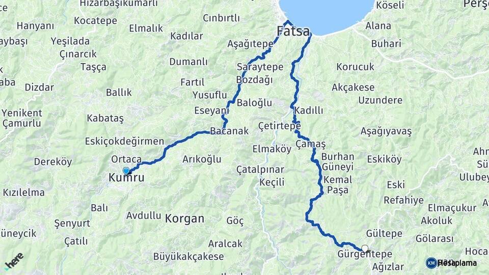 Ordu Kumru Gürgentepe Arası Kaç Km - Yol Haritası