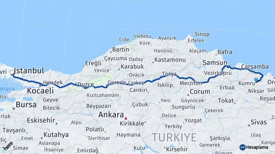 Ordu Kumru İstanbul Arası Kaç Km - Yol Haritası