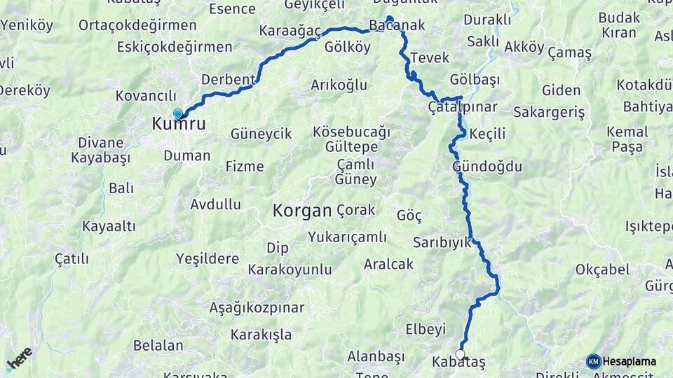 Ordu Kumru Kabataş Arası Kaç Km - Yol Haritası