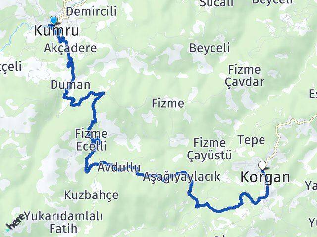 Ordu Kumru Korgan Arası Kaç Km - Yol Haritası