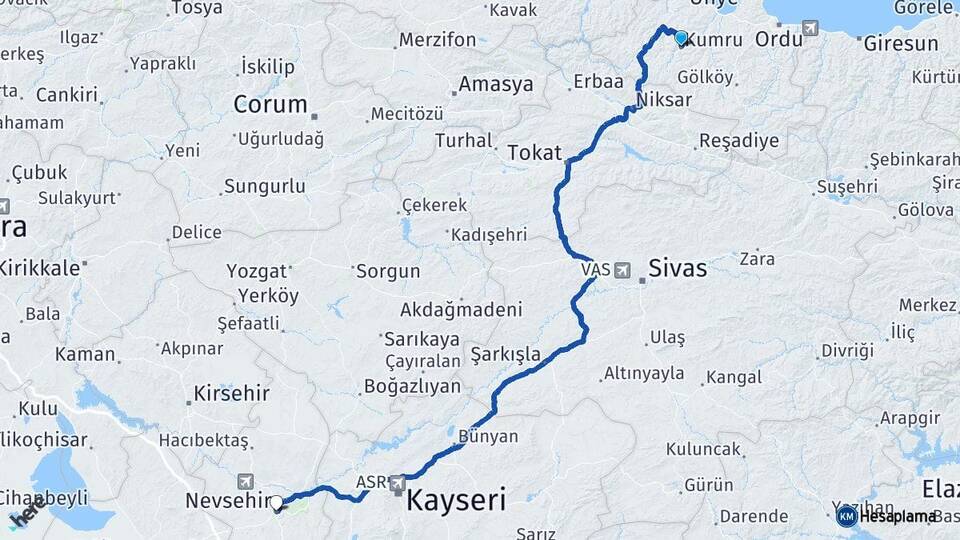 Ordu Kumru Nevşehir Arası Kaç Km - Yol Haritası