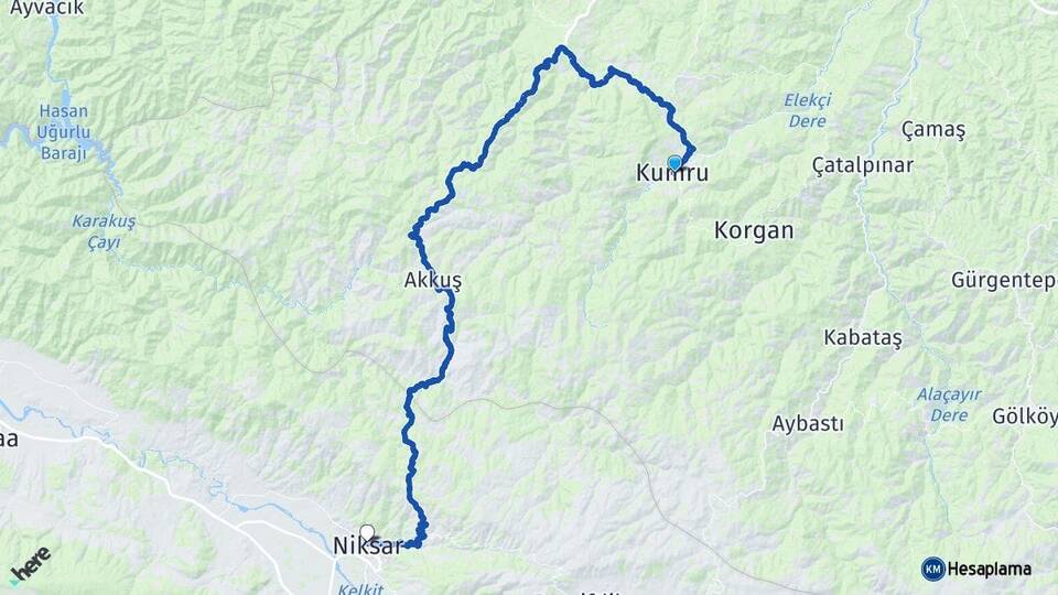 Ordu Kumru Niksar Tokat Arası Kaç Km - Yol Haritası