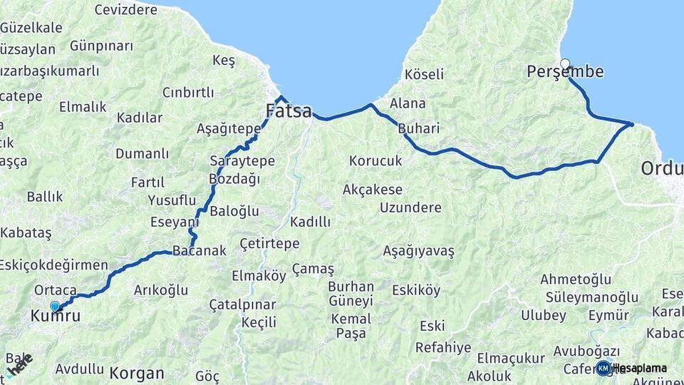 Ordu Kumru Perşembe Arası Kaç Km - Yol Haritası