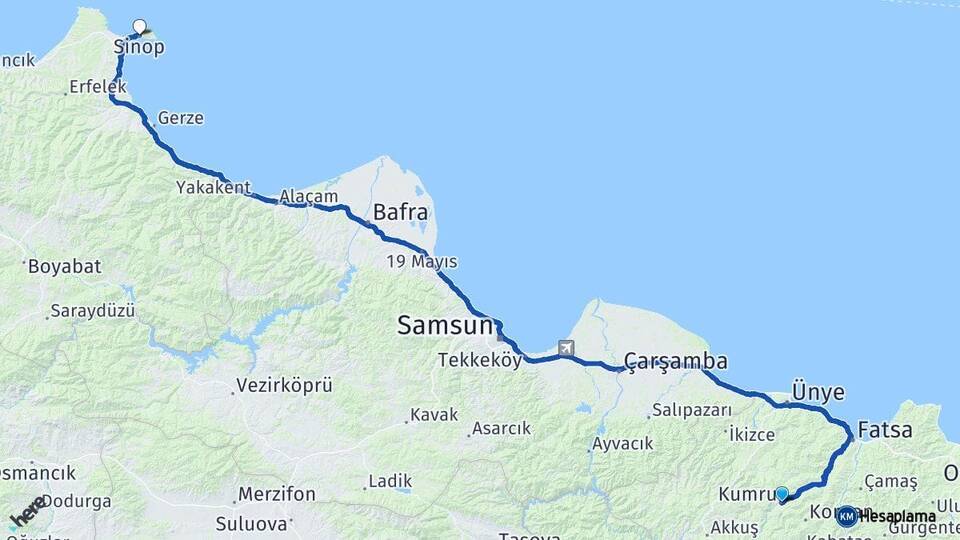 Ordu Kumru Sinop Arası Kaç Km - Yol Haritası