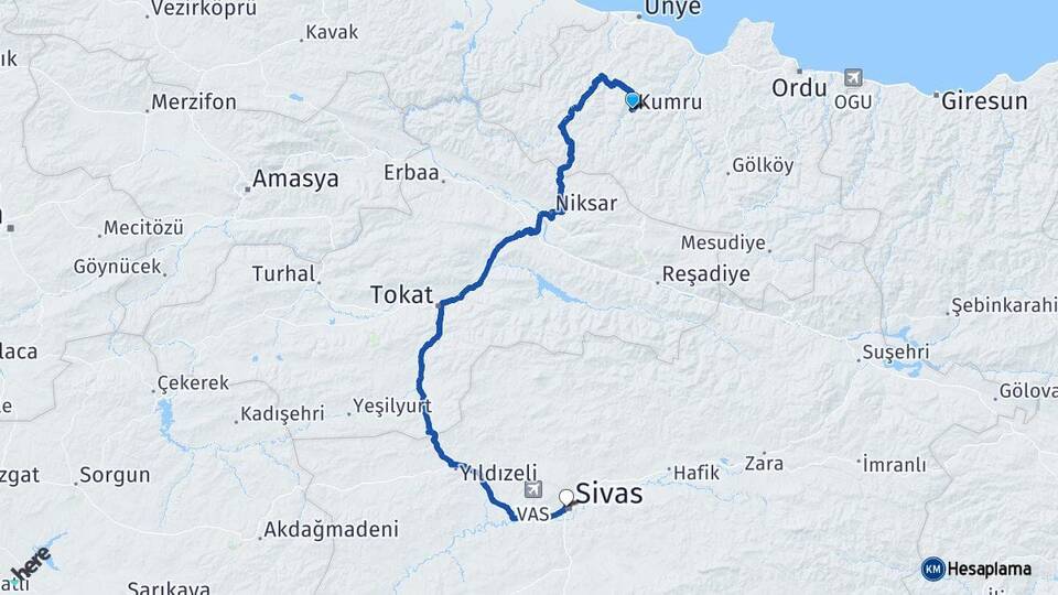Ordu Kumru Sivas Arası Kaç Km - Yol Haritası