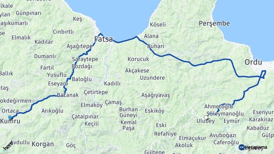 Ordu Kumru Ulubey Arası Kaç Km - Yol Haritası