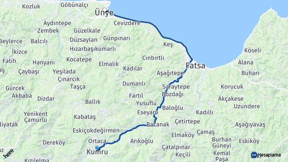 Ordu Kumru Ünye Arası Kaç Km - Yol Haritası
