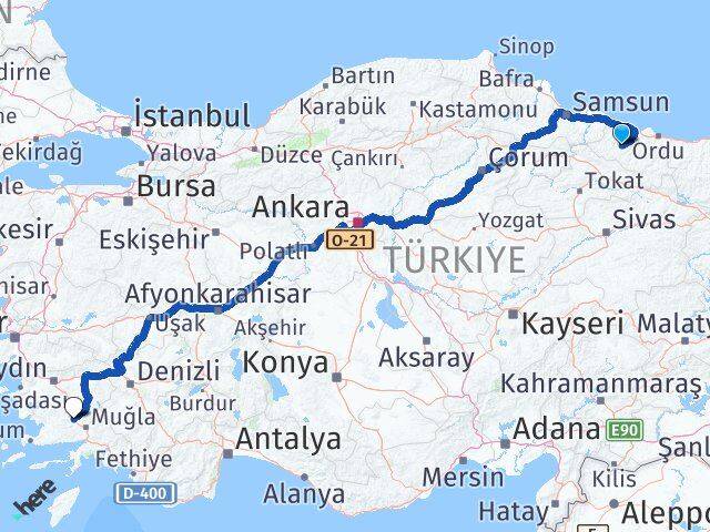 Ordu Kumru Yatağan Muğla Arası Kaç Km - Yol Haritası