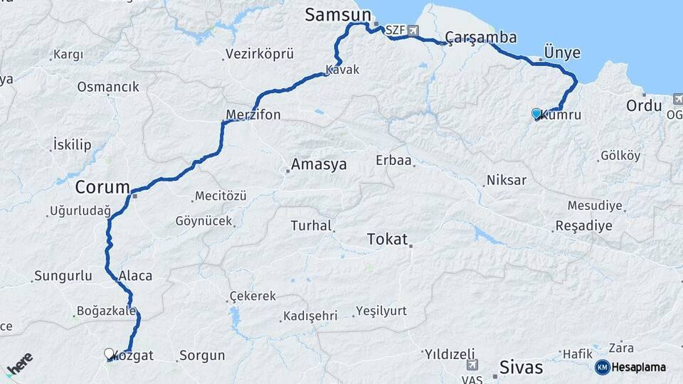 Ordu Kumru Yozgat Arası Kaç Km - Yol Haritası