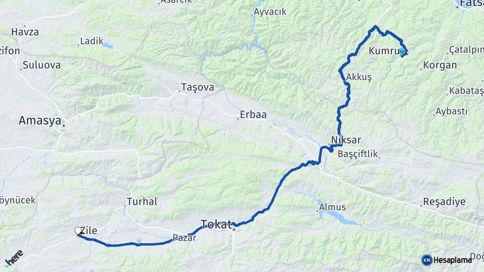 Ordu Kumru Zile Tokat Arası Kaç Km - Yol Haritası