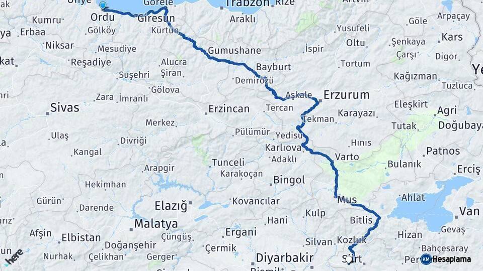 Ordu Kurtalan Siirt Arası Kaç Km - Yol Haritası