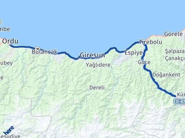 Ordu Kürtün Gümüşhane Arası Kaç Km - Yol Haritası
