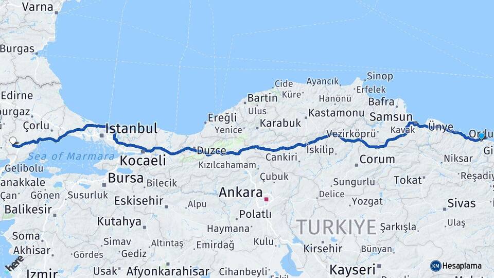 Ordu Malkara Tekirdağ Arası Kaç Km - Yol Haritası