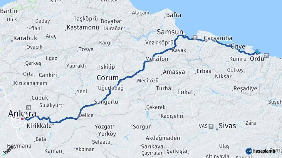 Ordu Mamak Ankara Arası Kaç Km - Yol Haritası